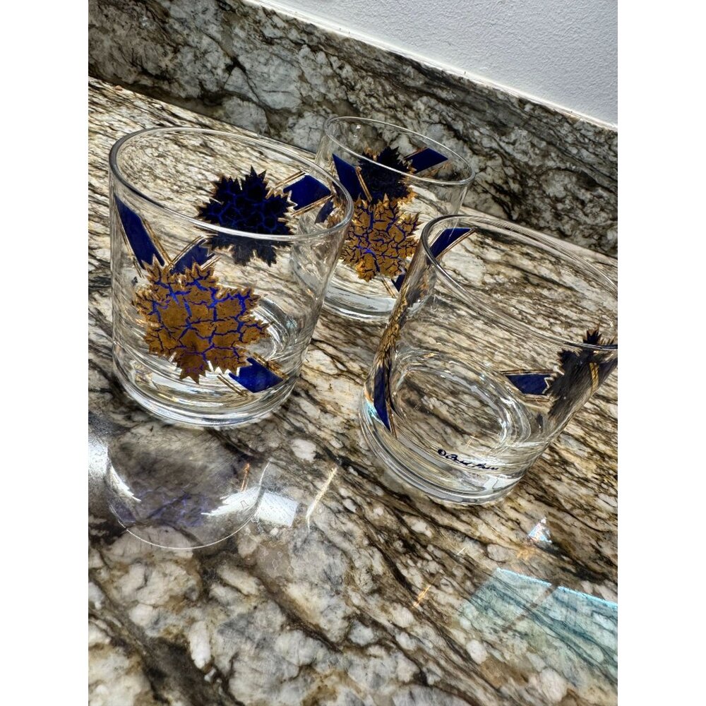 Vintage lot Of 3 MCM 22k Fred Press Signed Blue 22K Gold Rocks Glass 3.5 Leaf